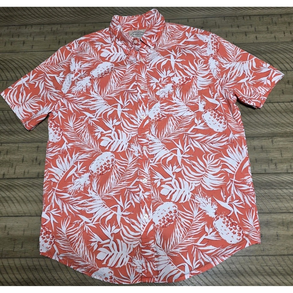 St. John's Bay Men's Medium Hawaiian Shirt Tropical Coral Stretch